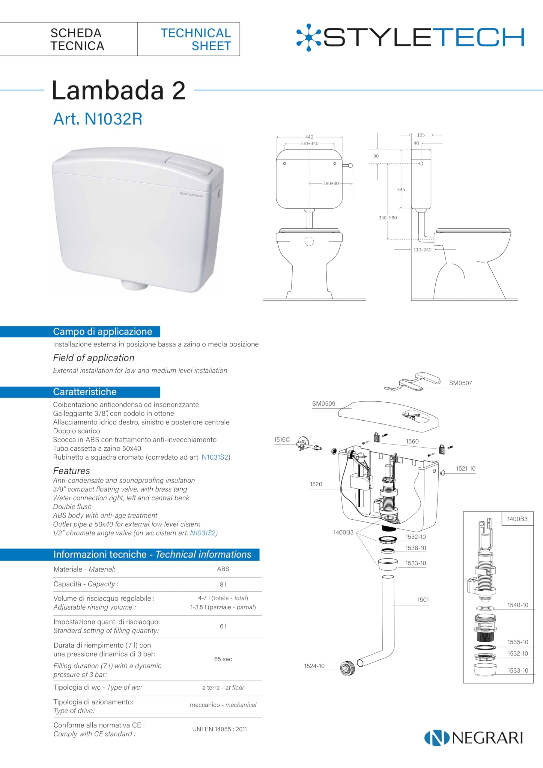 Styletech Cassetta WC a Zaino in ABS 8 Litri Doppio Scarico Silenzioso