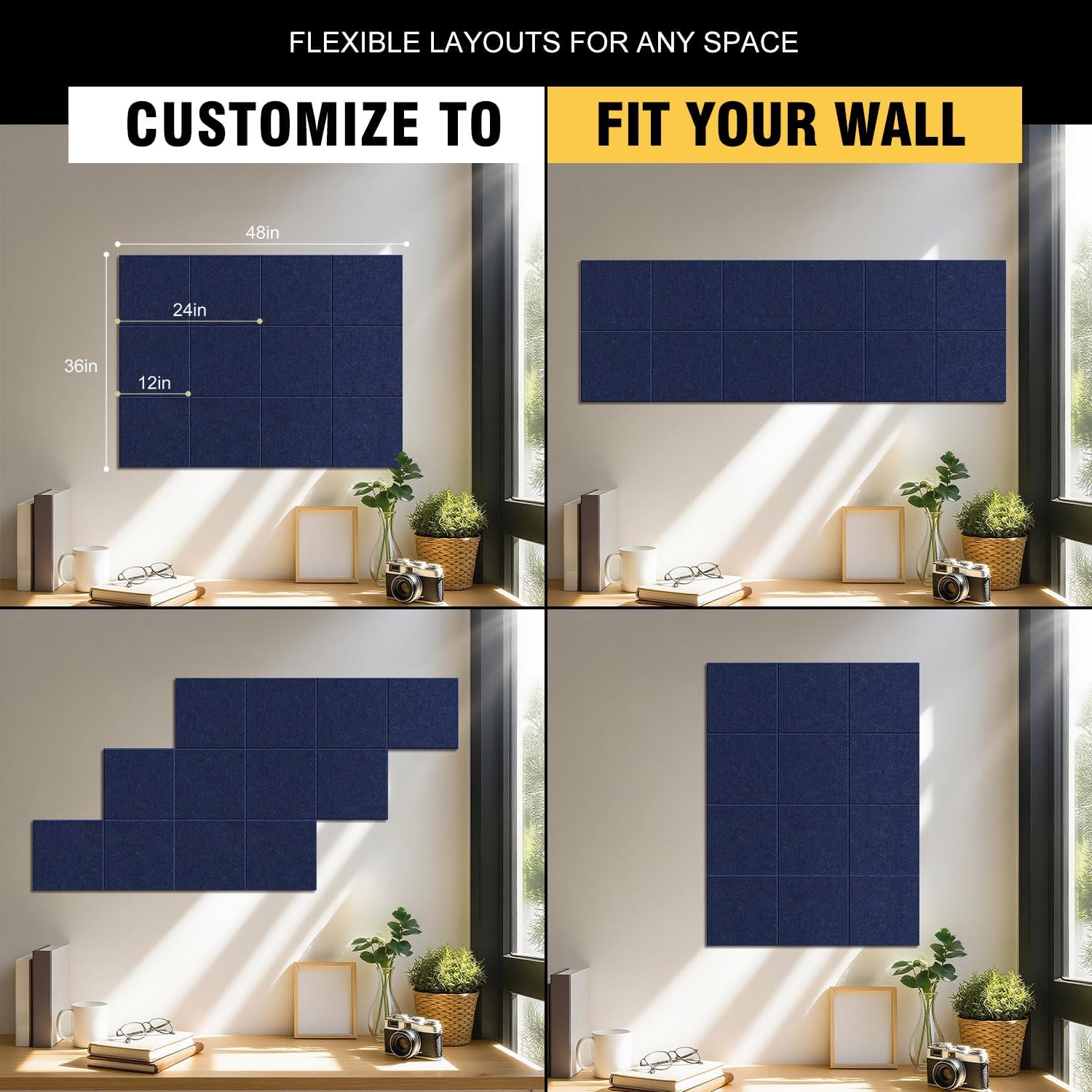 TSJOFFICE Large Cork Board for Wall - 48" x 36" Bulletin Board with 50 Pushpins for Office Decor, Pin Board 12 Pack Felt Wall Tiles with Safe Removable Adhesive Tabs, Corkboard for Home - Navy Blue