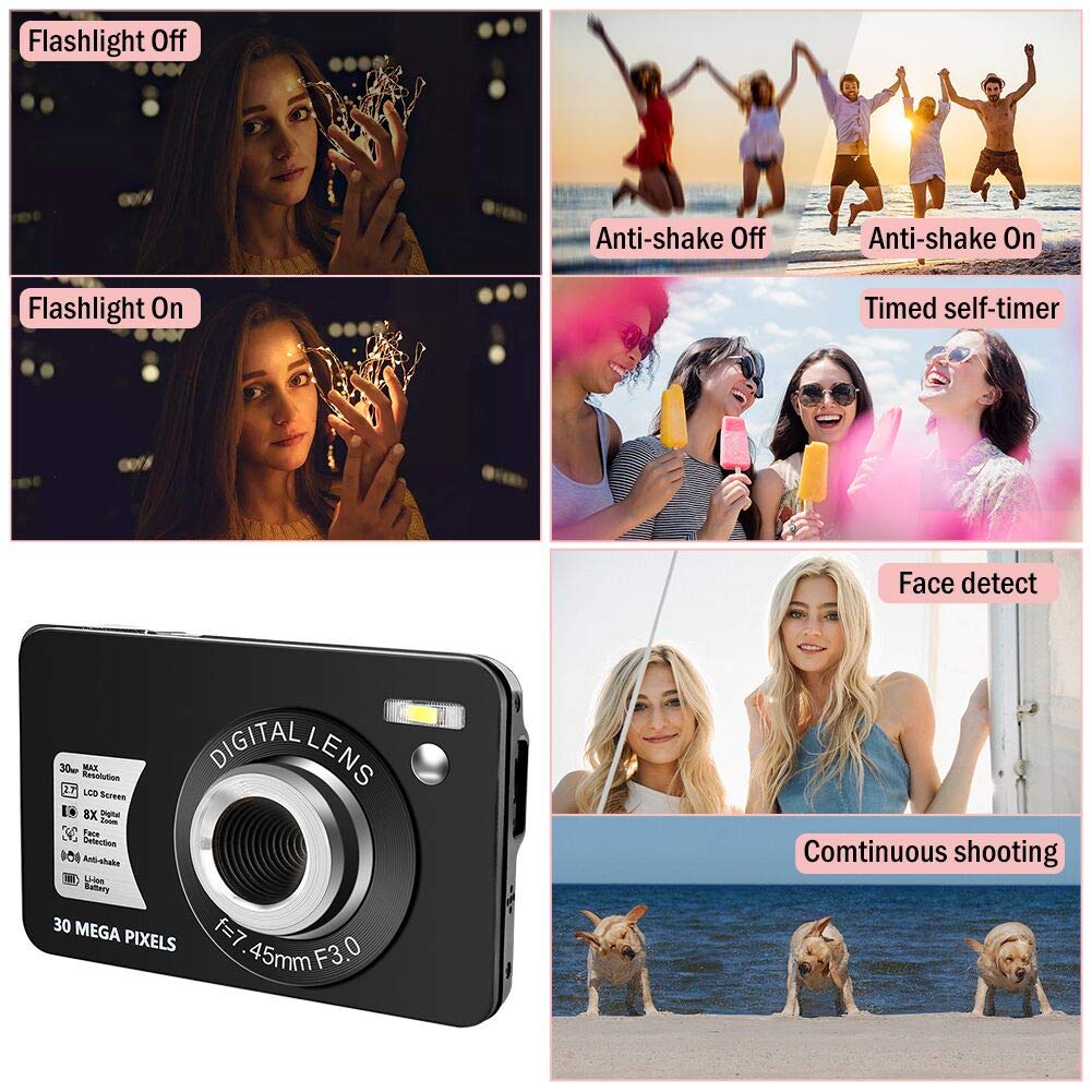 Appareil Photo Numérique 1080P 30 Mégapixels Appareil Photo Numerique Full HD Appareil Photo de Poche Rechargeable 2,7 Pouces avec Zoom Numérique 8X Appareil Photo Compact pour Adolescents Débutants