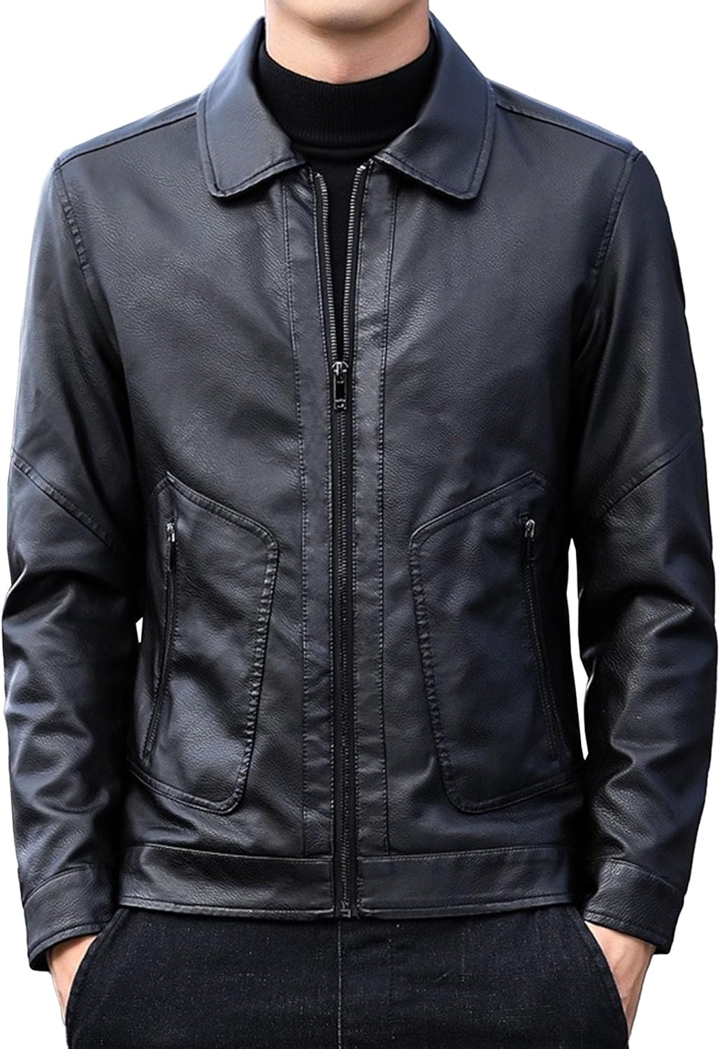 men's Lapel pu Bomber Slim Fit Jacket Full Zip Leather Outerwear Coats Men's Faux Leather Jackets