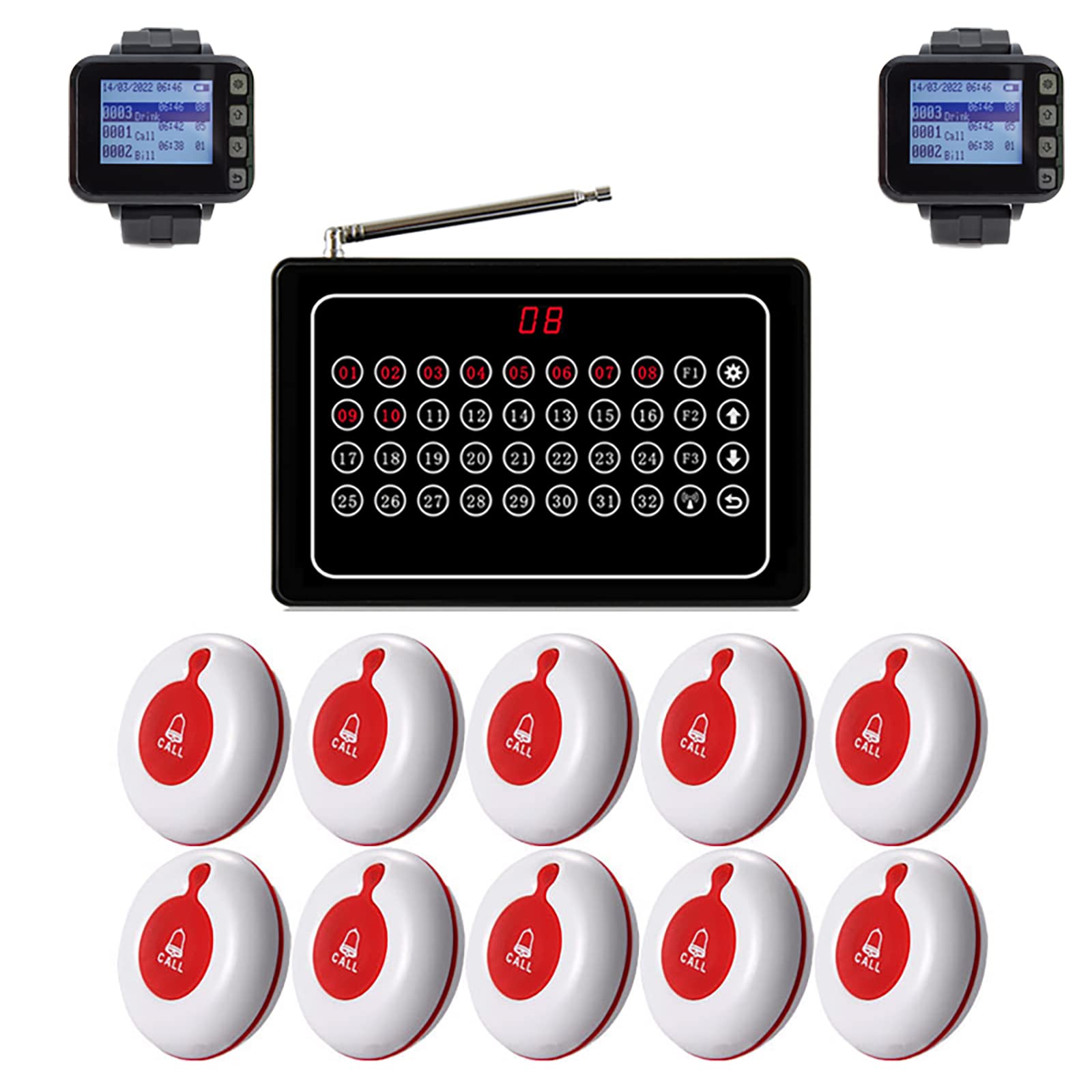 Wireless Nurse Call & Restaurant Pager System - 1 Display + 2 Watches Receiver + 10 Waterproof Buttons with Voice Alert for Hospital Rooms, Nursing Stations, Cafes & Dining Tables