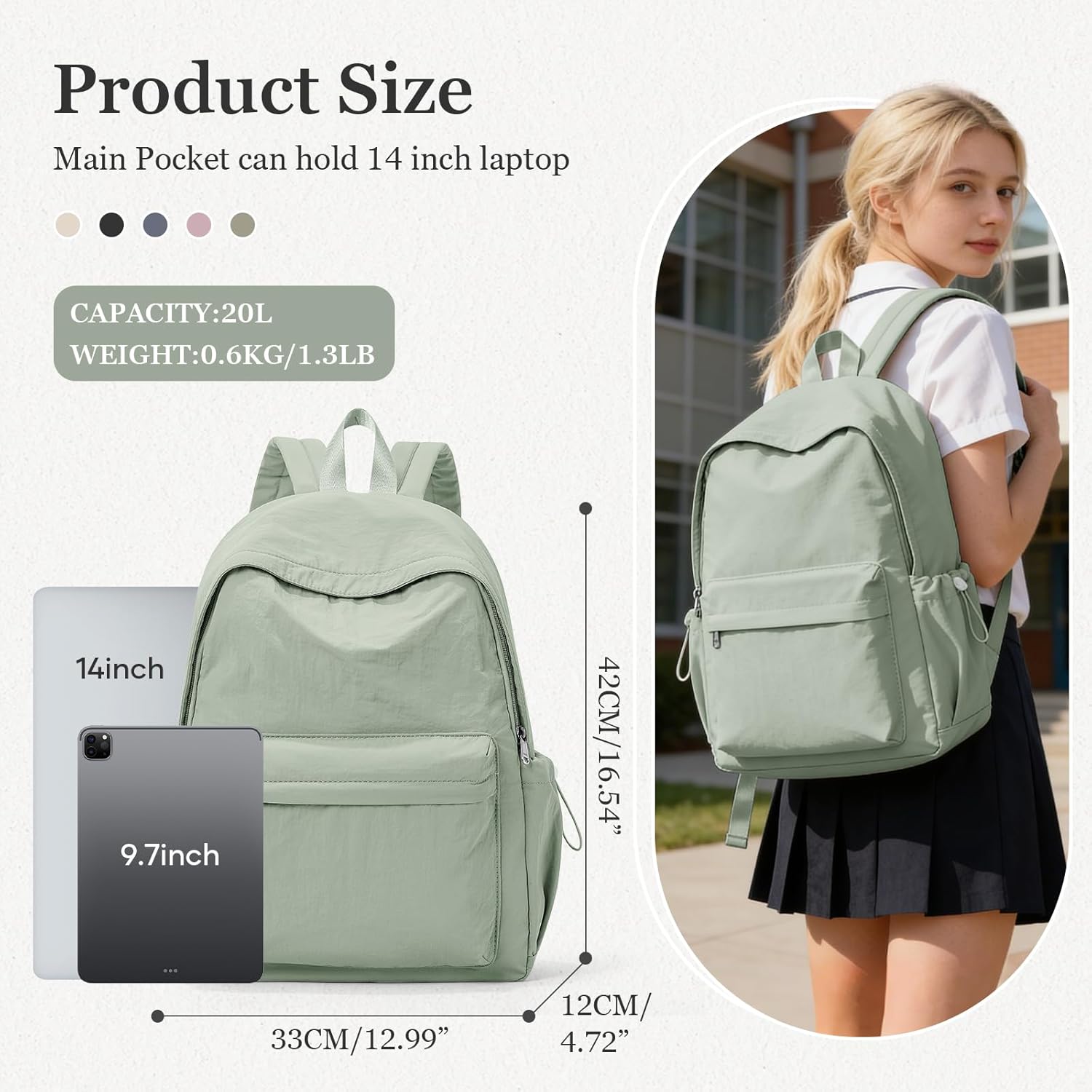 Simple School Backpack For Women Men Aesthetic Medium Backpack Lightweight Casual Daypack College Backpacks Cute Bookbag for Teens Girls Boys Basic Bagpack(Green) - Image 2