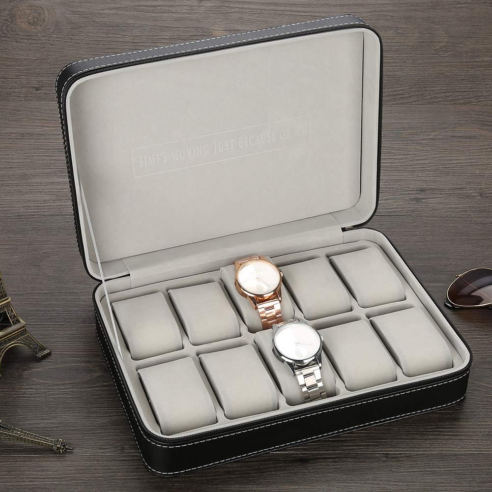 Caja de reloj Vitrina de 10 ranuras Organizador de almacenamiento de vidrio real con cuero Pu para hombres y mujeres