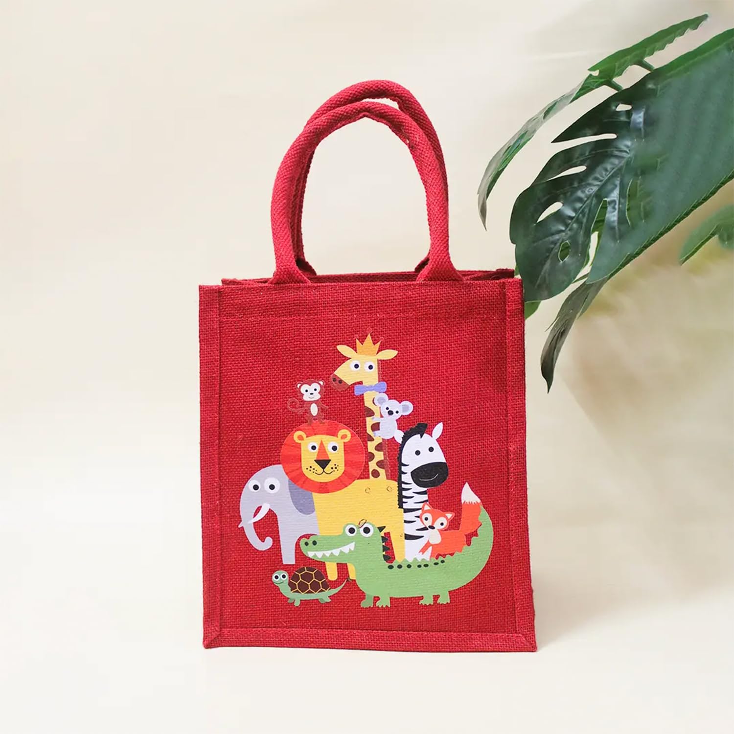 Jute Kids Lunch Bag with Zip Closure, Zoo Animals Design, Quilted Cotton Handles, School Lunch Bag for Boys & Girls, 11" H x 10" L x 7" W (Red, 1.0, Count, 1)-picture-10