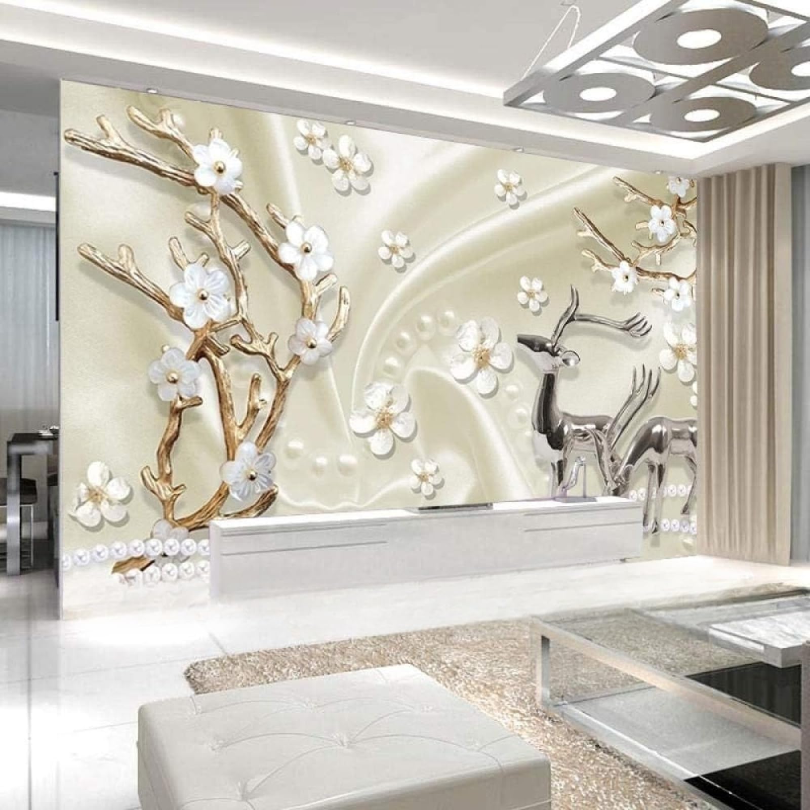 Papel pintado de seda XLMING flores blancas y ciervos 3D mural salon y comedor 430x300 cm