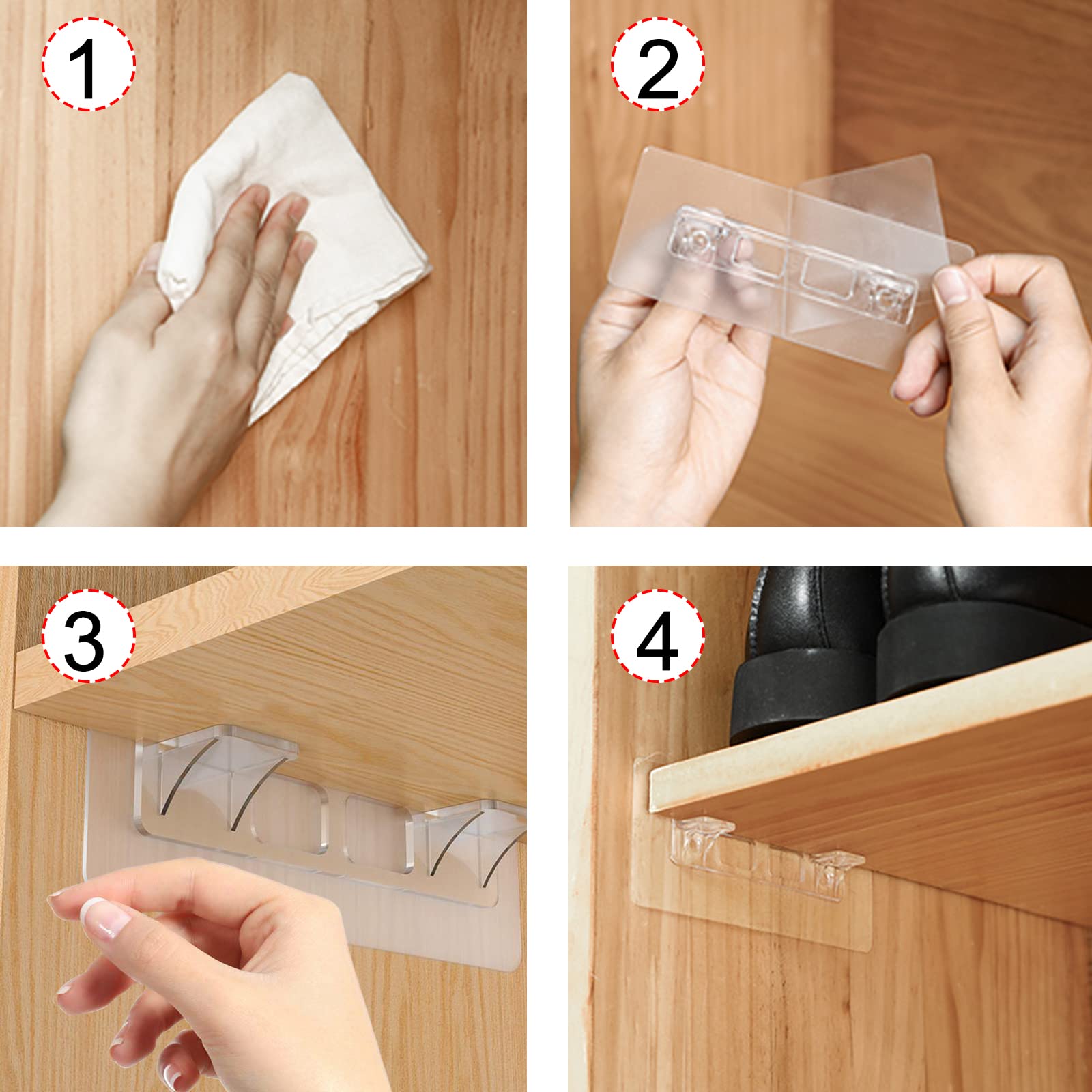 12 Pcs Punch Free Shelf Support Pegs Self Adhesive Shelves Clips No Drill Shelf Bracket Holders Pin for Kitchen Cabinet Book Shelves Closet Clapboard Layer (2-Pegs) — Amazon image 5