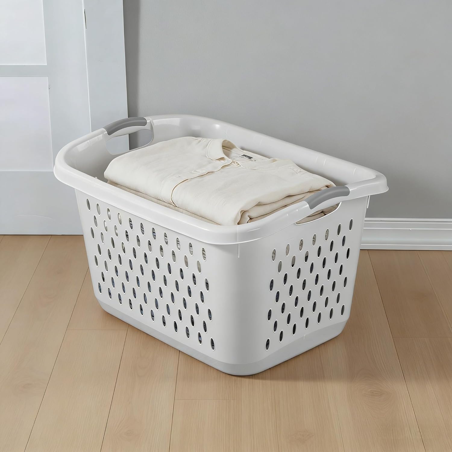 2.7 Bushel Plastic Laundry Basket with Handles Space Saving Laundry Hamper, White