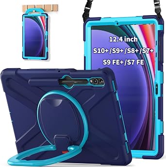 BATYUE Case for Samsung Galaxy Tab S10 Plus/S9 Plus/S9 FE Plus/S8 Plus/S7 Plus/S7 FE 12.4 inch, Heavy Duty Protective Tablet Cover with S Pencil Holder, 360Rotating Stand & Strap, Navyblue