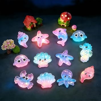 35PCS Mini Ocean Resin Animals Set with Suitcase Box Luminous Mini Resin Animals Mixed Sea Creatures Figurines Glow in The Dark Marine Miniatures for Fairy Garden Dollhouse Aquarium Decor (Purple)