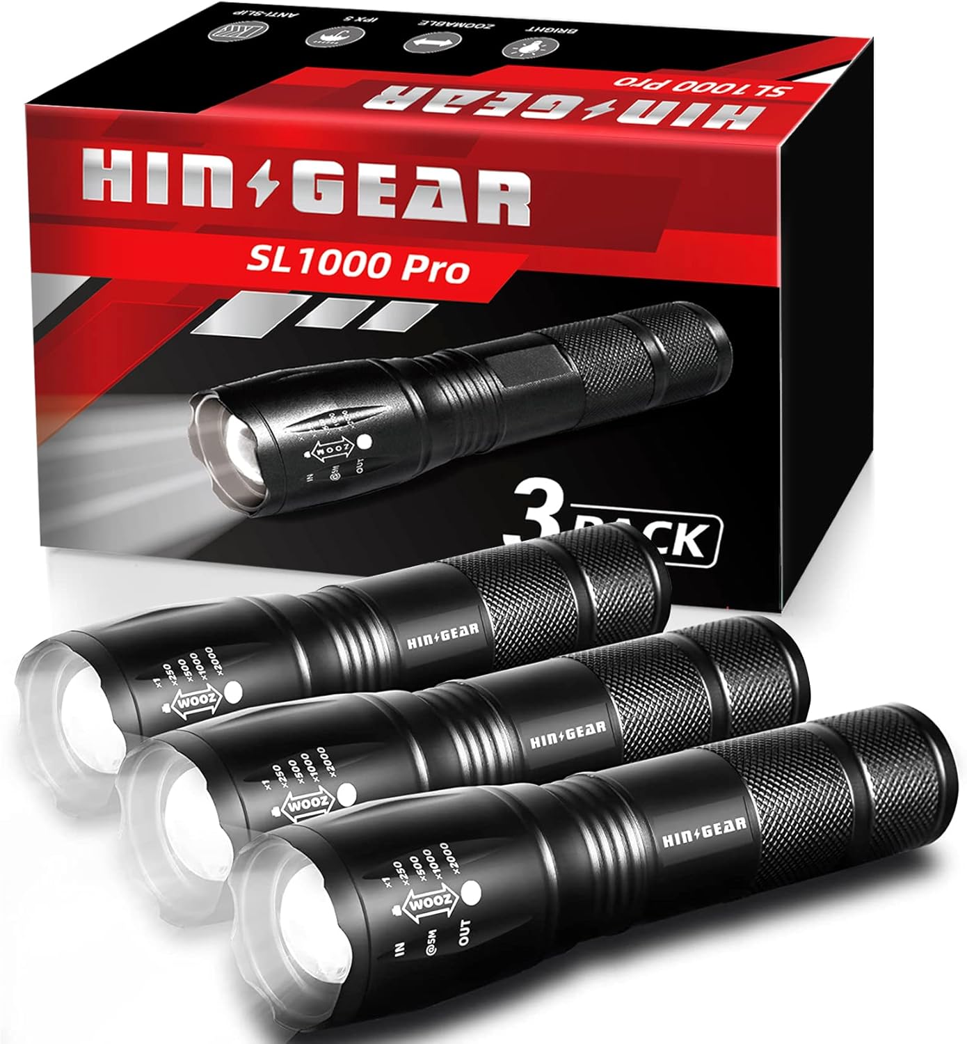 HinsGEAR LED Flashlights SL1000 Pro 3 Pack Single Mode Bright