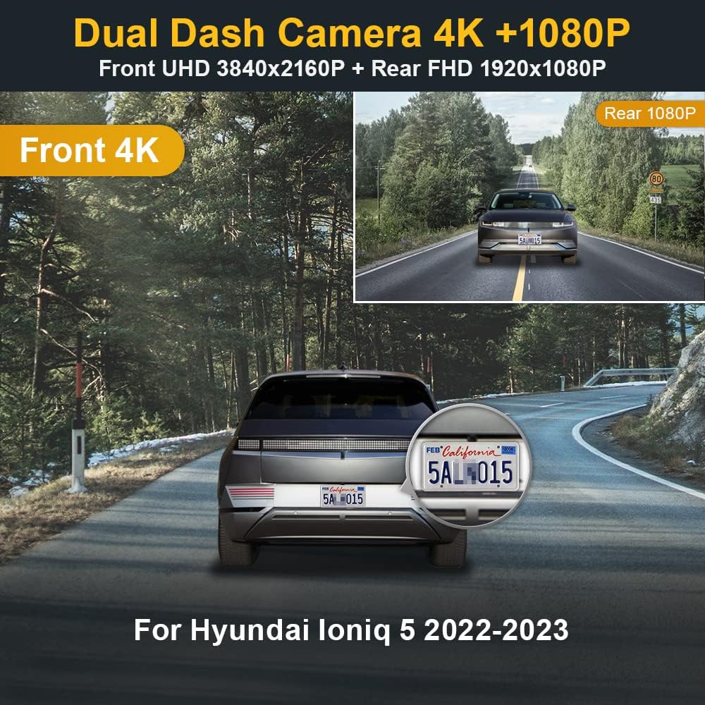 Fitcamx Dual 4K+Rear 1080P Dash Cam Adapts for Hyundai IONIQ 5 2022-2024 (6 Vents) SE Standard Range SEL Limited, OEM Look, WiFi & APP, 2 Way HD Video, Loop Recording G-Sensor, Easy to Set, 128GB Card