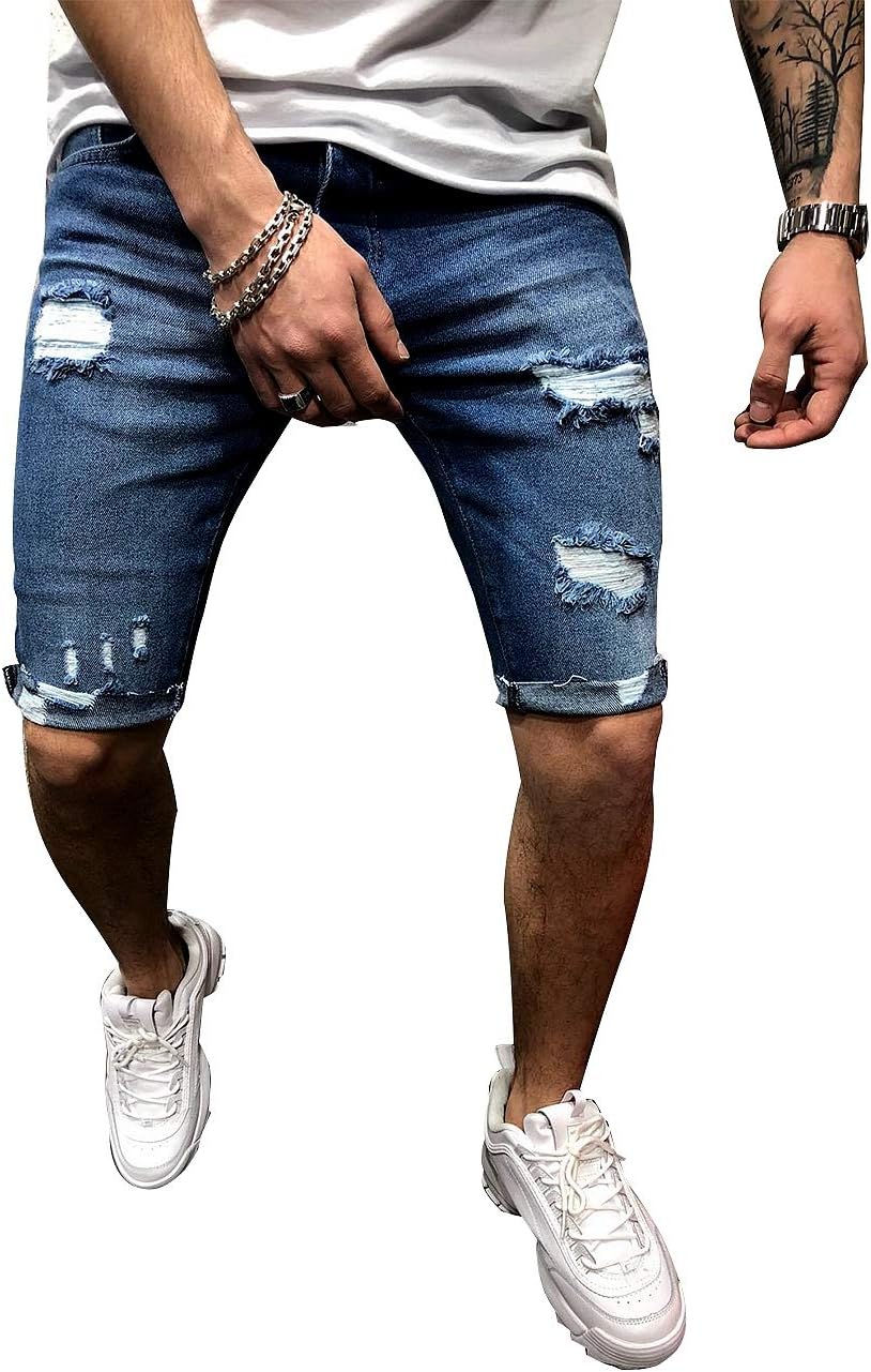 Ursmartt Men's Fashion Ripped Denim Shorts Ripped Short Jeans Slim Fit Denim Short with HOL, Blue, Small