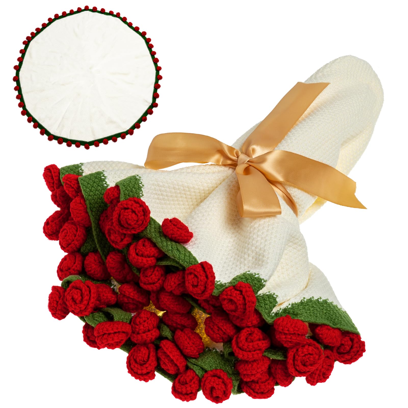 EIGHTOWN 43'' Crochet Flowers Red Rose Bouquet Blanket Finished - Handmade Knitted Throw Blanket - Home Décor Ideal Gift for Mom - Mother's Day Birthday Valentine's Day