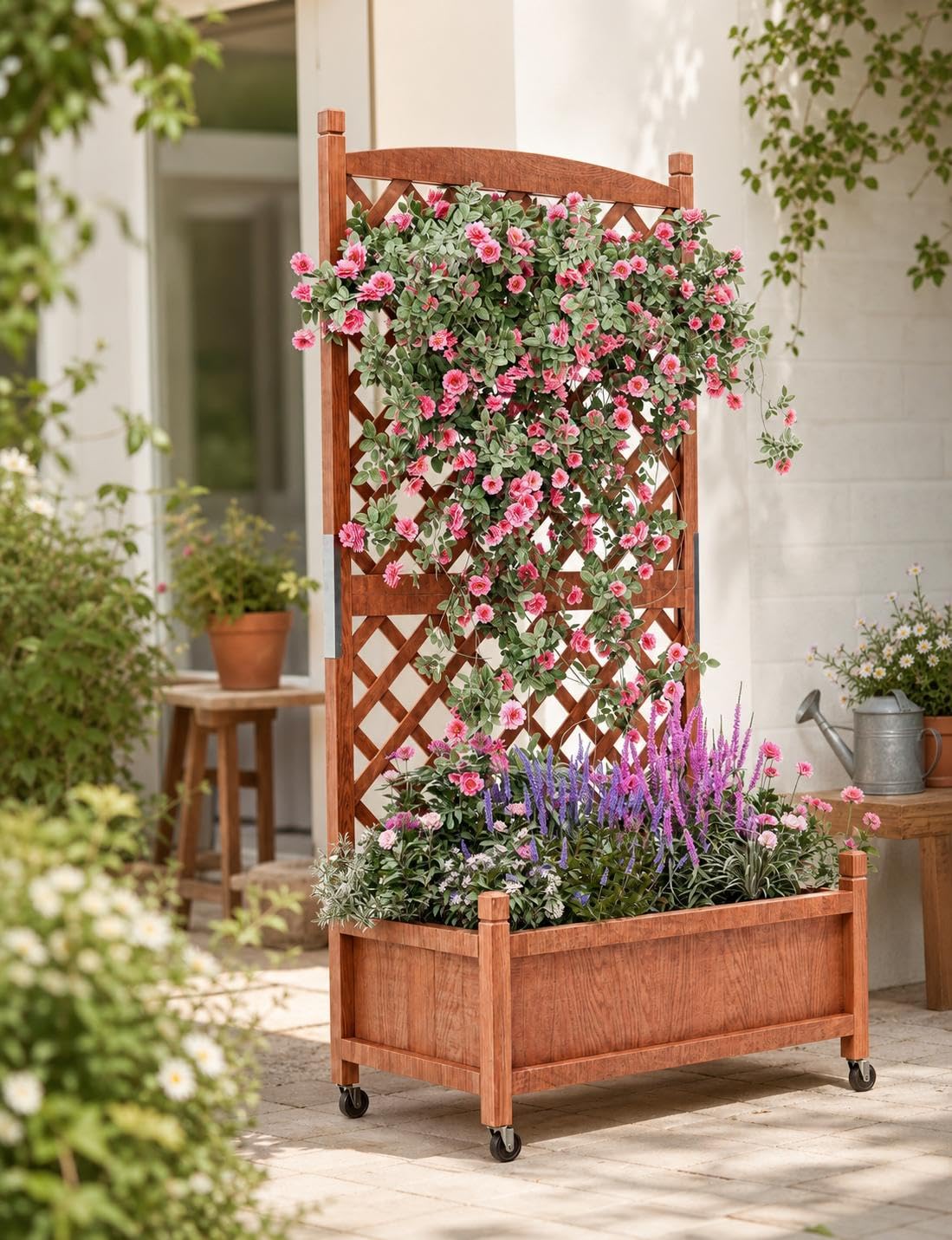 Garvee Brown Raised Garden Bed, Wooden Elevated Planter Box With Integrated Lattice Trellis & Wheels, Outdoor Mobile Planter Box With Climbing Support For Vine Climbing Plants, Flower, Herb & Vegetable
