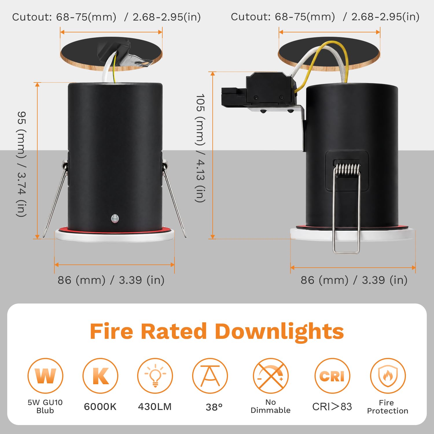 4XSweier 90 minut ognioodporna oprawa wpuszczana LED, IP20 GU10 oprawa wpuszczana LED, ognioodporny reflektor o mocy 5 W, 6000 K, chłodna biel, nieściemnialny, 4 szt