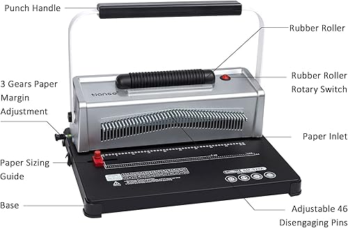 Miniatura 8 de TIANSE Máquina de encuadernación de bobina en espiral, carpeta manual para hacer libros con insertador de bobina eléctrica, viene con 100 espinas de
