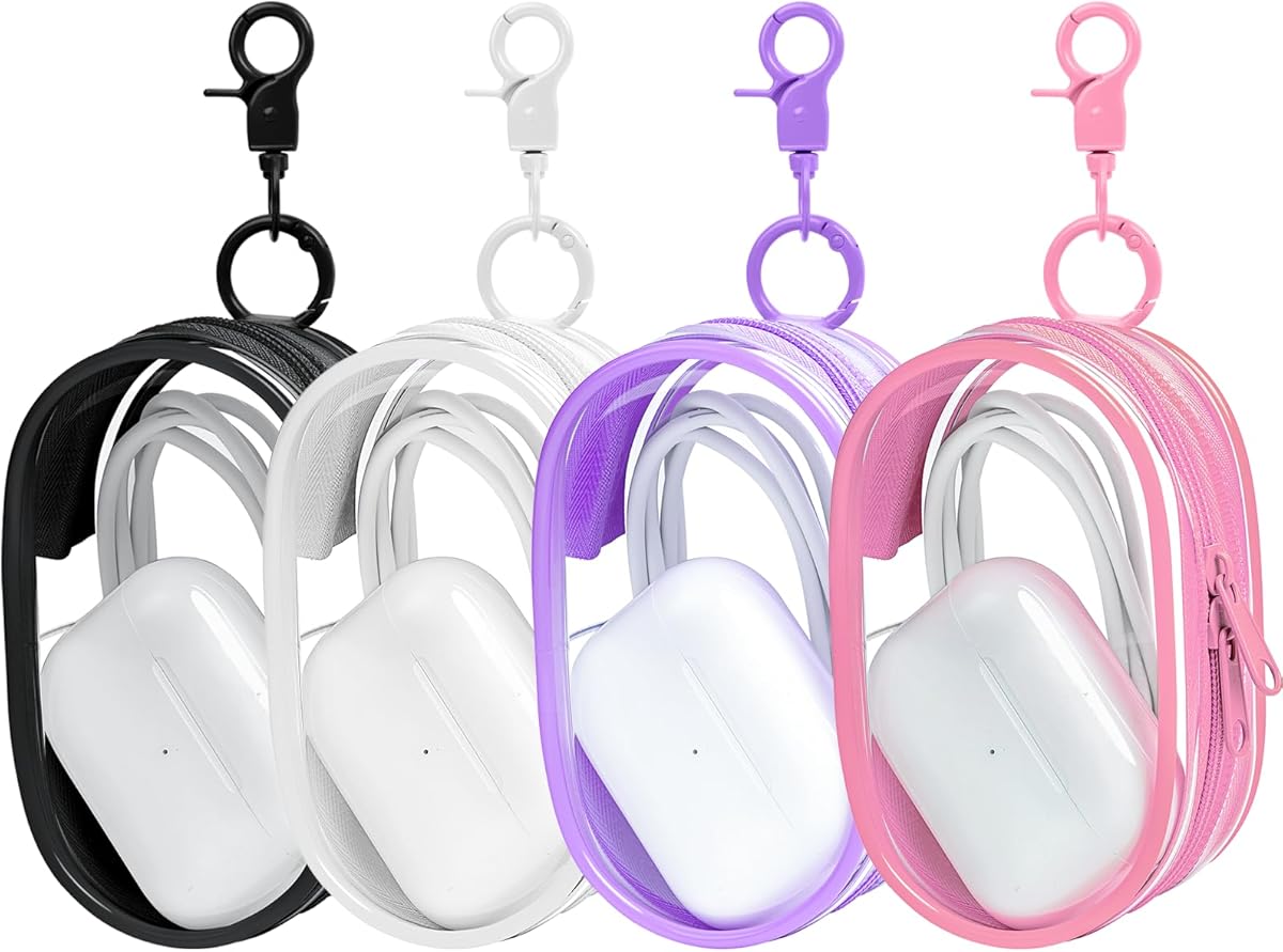 Linsaner Storage Bag for Organizing Data Cables, Earphone, Chargers, Keys, Change, Blind Box Doll Transparent Display Bag, Portable Multi-Function Storage (4Pack, Pink + Purple + Black + White)