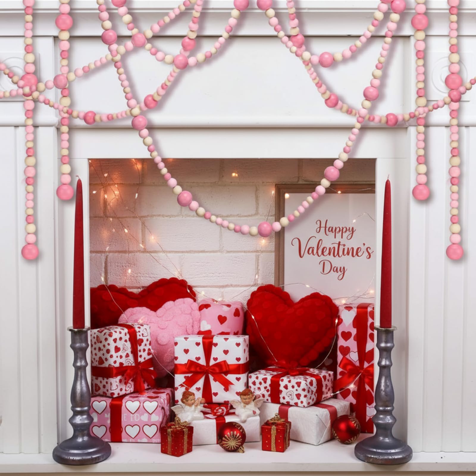 Bucherry Lot de 4 guirlandes de perles en bois de Noël de 8 m de style bohème et rustique, décoration d'intérieur à suspendre pour mur de sapin de Noël, 2,5 m (blanc, rose)