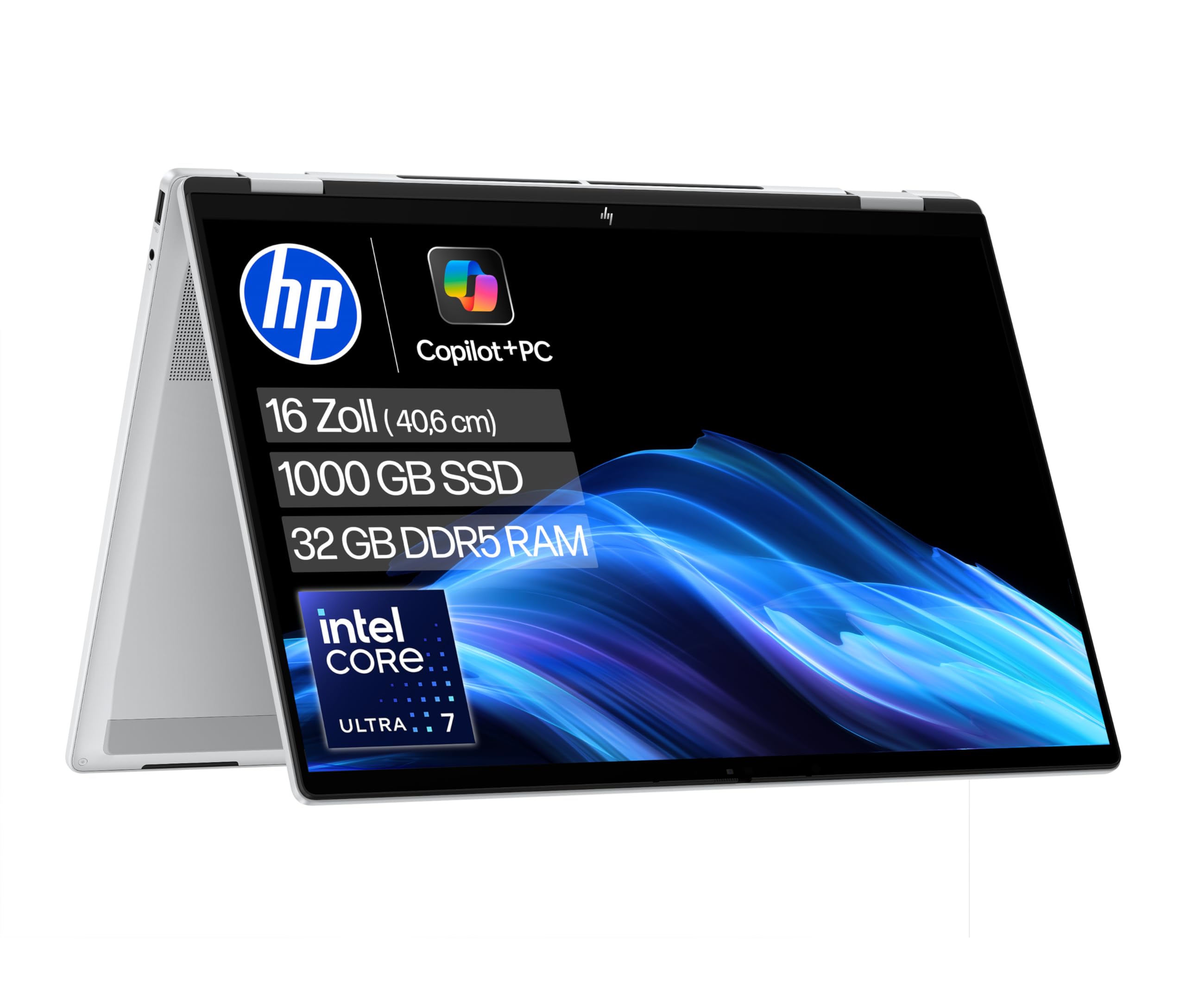 HP OmniBook X Flip 2-in-1 Laptop (16" 3K Touchscreen, Intel Core Ultra 7, Copilot+, 32GB RAM, 1TB, Win11, QWERTZ) - Silber