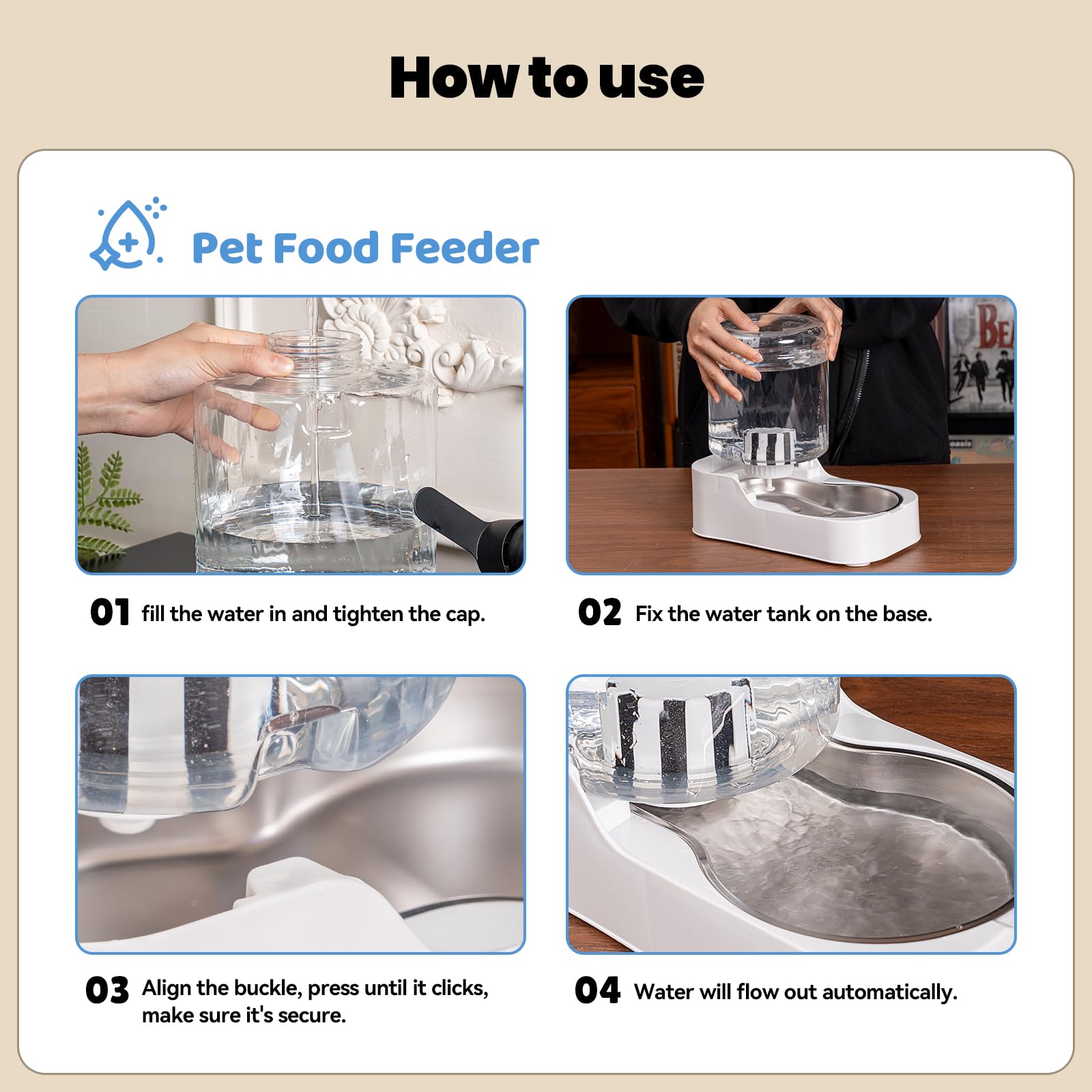 JUNSPOW Distributore automatico di acqua per gatti con ciotola in acciaio inossidabile, dispenser di acqua per cani e gatti regolabili