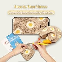 Vista 4 de Uongeod Kit de ganchillo para principiantes, bolsa de mano de margarita, kit de tejido cuadrado de abuelita, con tutoriales en video paso a paso