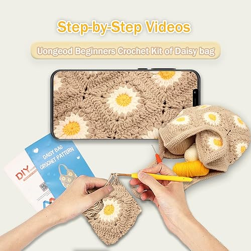 Miniatura 4 de Uongeod Kit de ganchillo para principiantes, bolsa de mano de margarita, kits de tejido de margaritas con tutoriales en video paso a paso, kit de