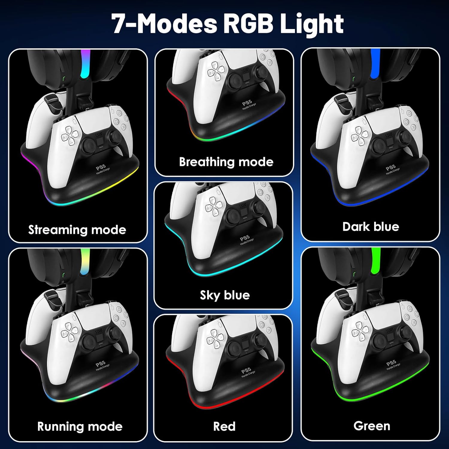 PS5 Controller Charger with RGB Headphone Stand, PS5 Controller Charging Station with 2 USB Port, Headset and Controllers Stand Holder for PlayStation 5, Gaming Gifts for Gamers Men