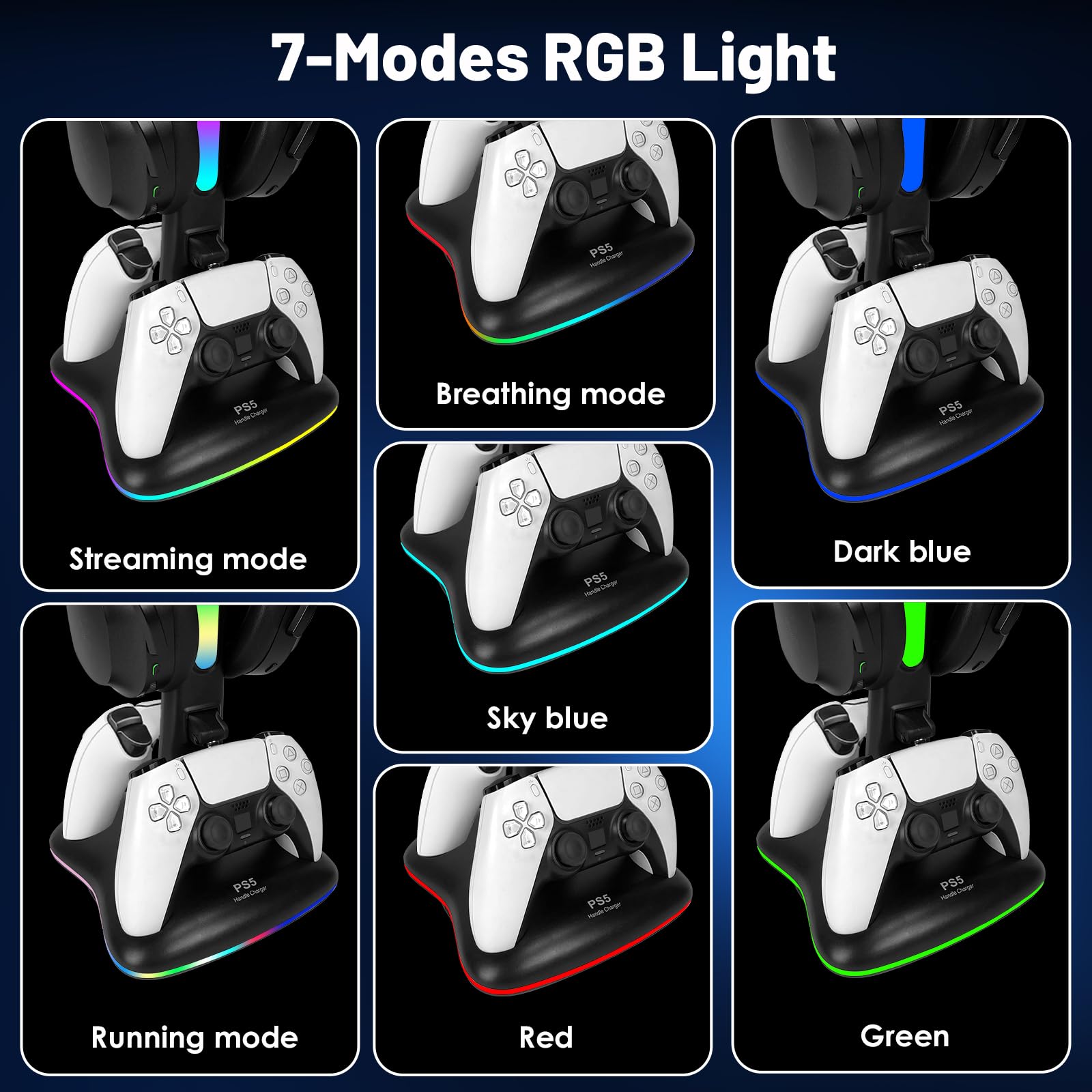 Caricabatterie per controller PS5 con supporto per cuffie RGB, stazione di ricarica per controller PS5 con 2 porte USB, supporto per cuffie e controller per PlayStation 5, regali di gioco per