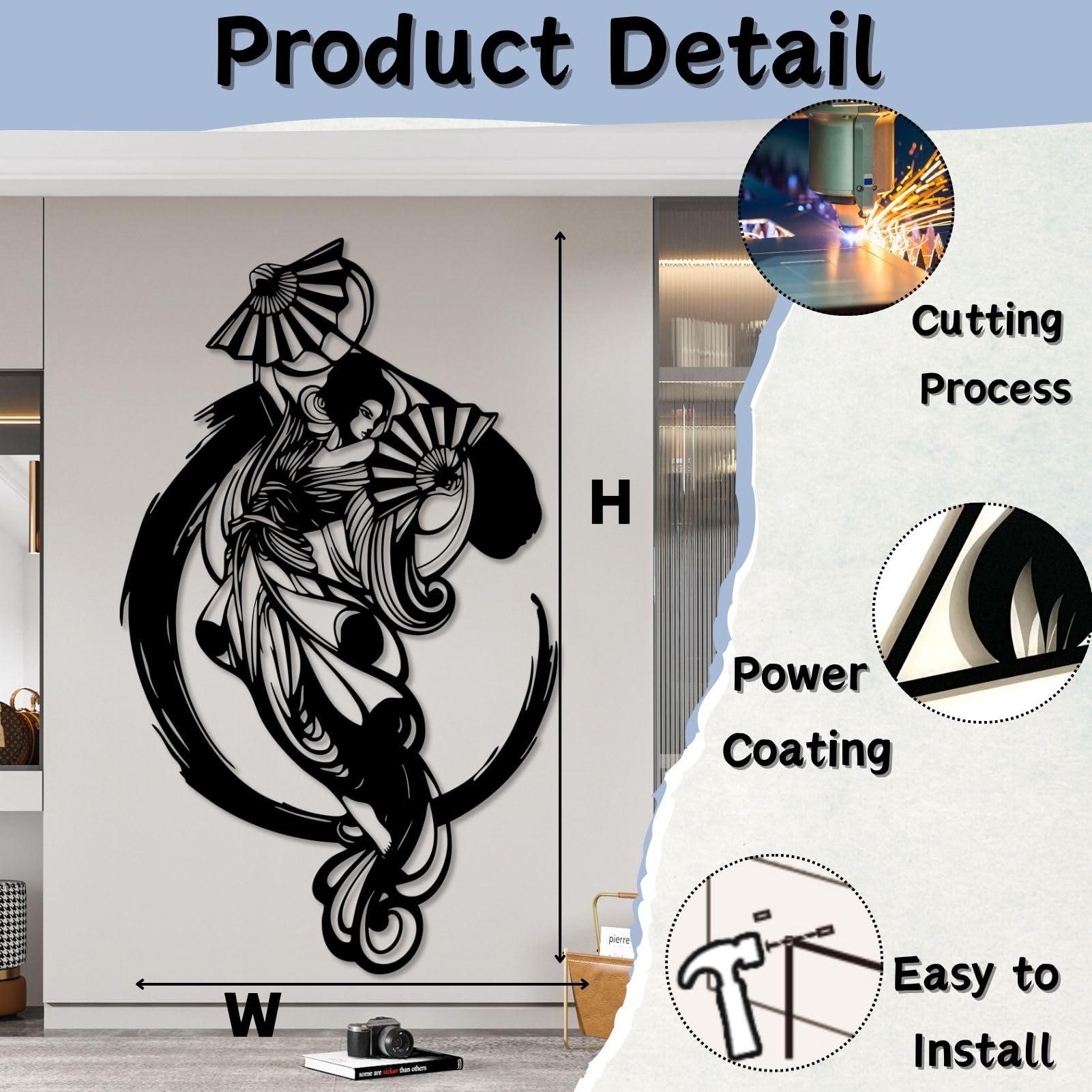 Gran Cuadro Abstracto de Metal con diseño de Mujer samurái, decoración Japonesa para Mujeres y Abanico para Sala de Estar o Dormitorio (Blanco, 105 x 62 cm).