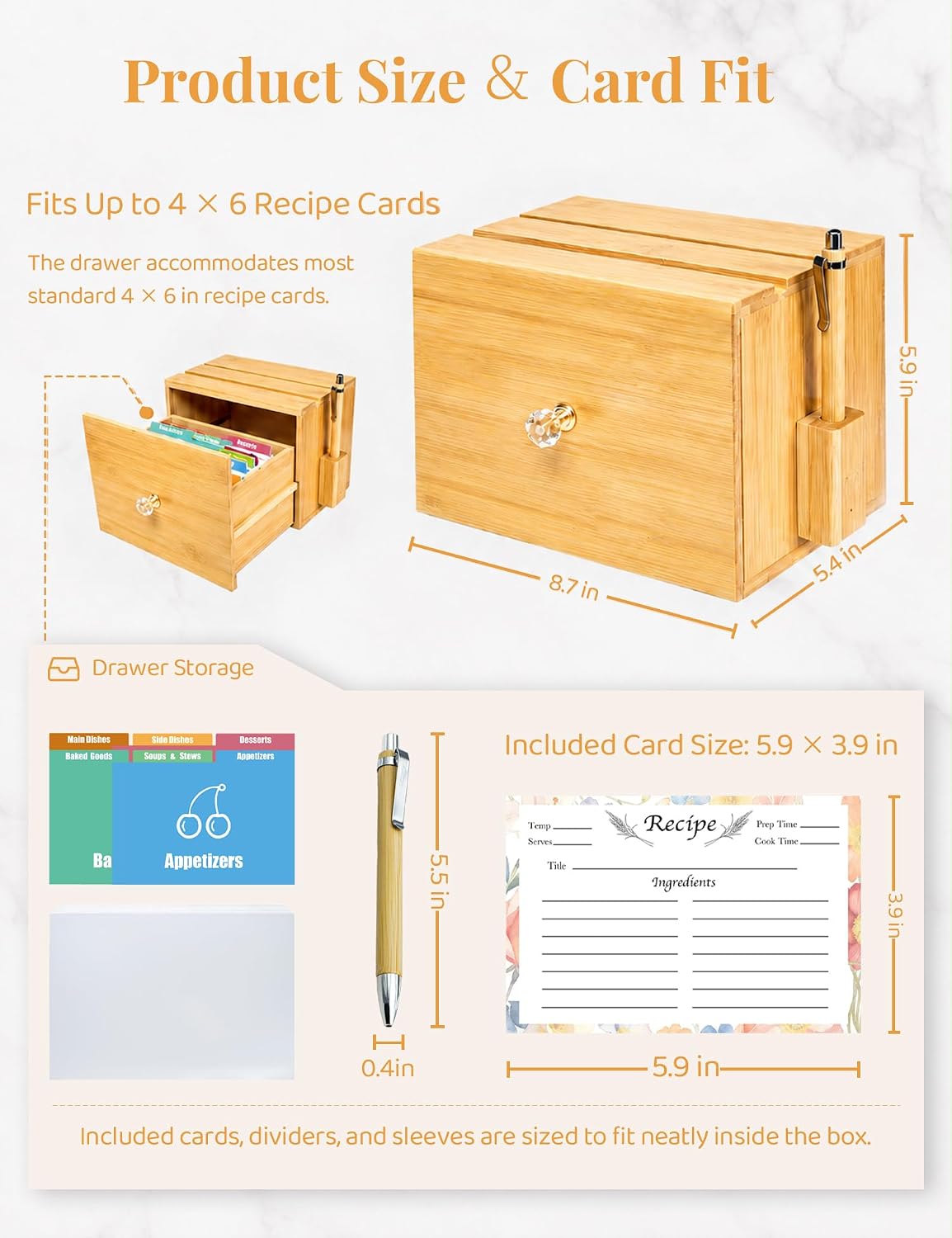 Wooden Recipe Box 4x6 with 50 Recipe Cards & 6 Dividers