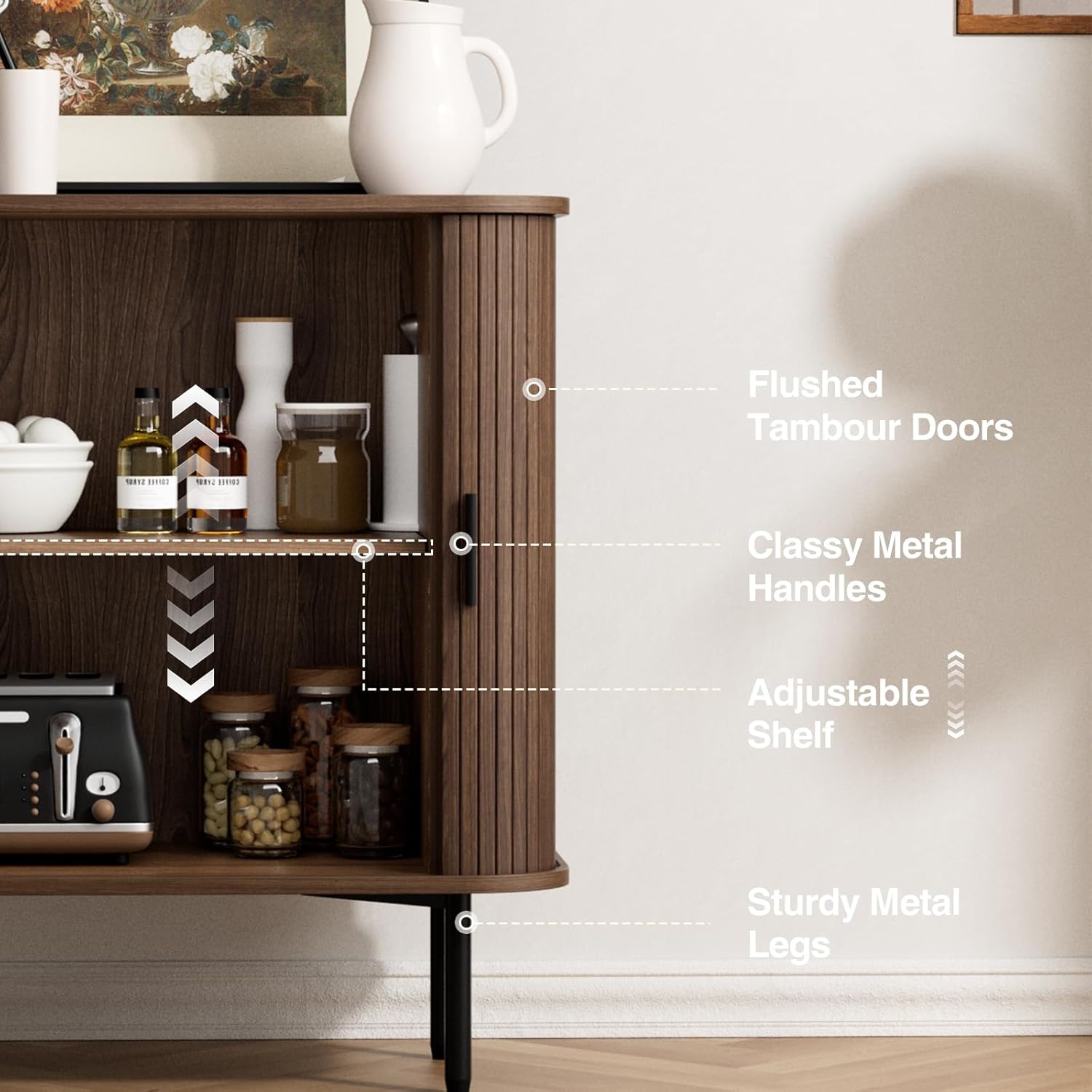 31''W Walnut Fluted Buffet Sideboard Cabinet with Stora, Small Coffee