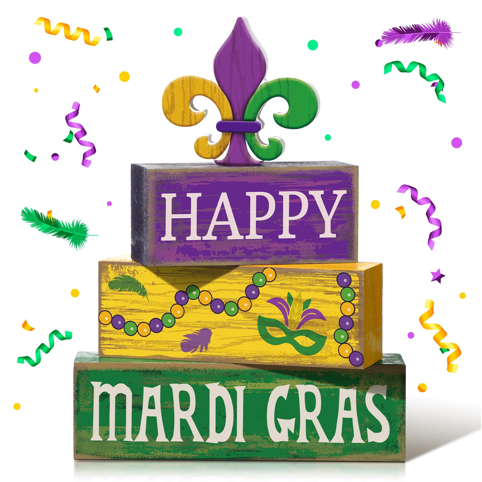 Moucuny 4 Pcs Mardi Gras Decorations Mardi Gras Wooden Sign Carnival Table Centerpiece Carnival Tiered Tray Decor Decorative Faux Book Stack Block for
