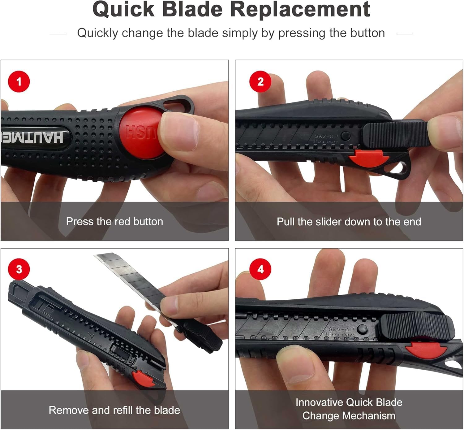 HAUTMEC Cuttermesser 18 mm Profi 10 Stück, Teppichmesser mit Soft-Grip-Griff, Auto-Lock, rotem Sicherheitsschalter & SK2-Abbrechklinge, für Handwerker & Heimwerker, 0081-100PC