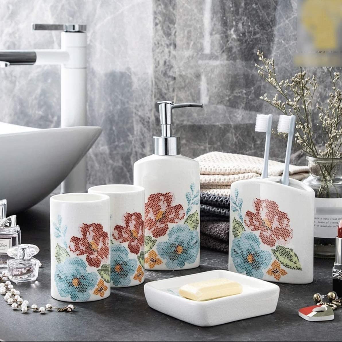 Zestaw 5-częściowych dozowników mydła Ceramic Flower | Łazienka: Zestaw 5-częściowy dozownika mydła w płynie Ceramiczny Kwiat z uchwytem na szczoteczkę do zębów