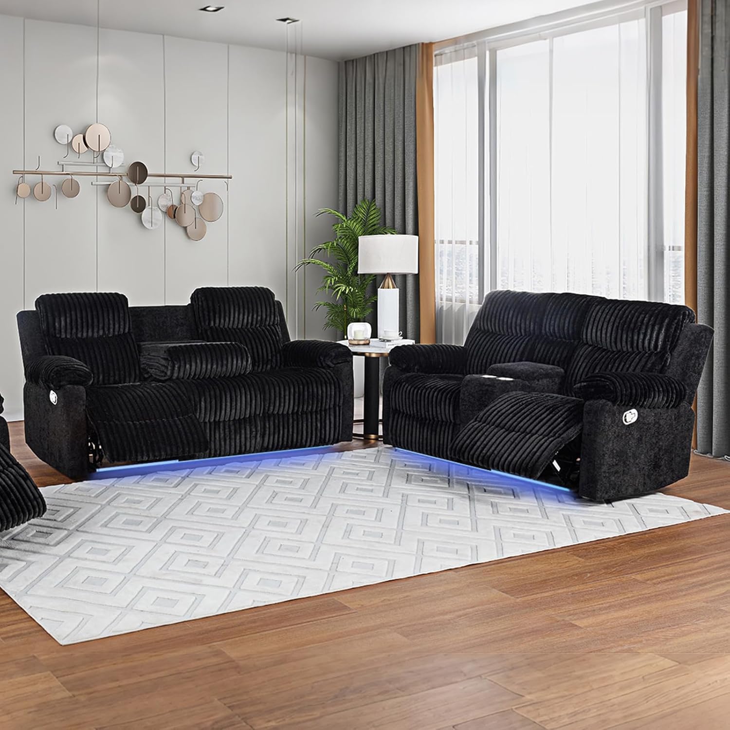 Reclining Couch and Loveseat Sets, 2PCS Corduroy Manual Reclining Sofa Set with Storage Console, Coffee Table & Cup Holders, Recliner Couch Set for Living Room (Black, Loveseat+Sofa) | Corduroy