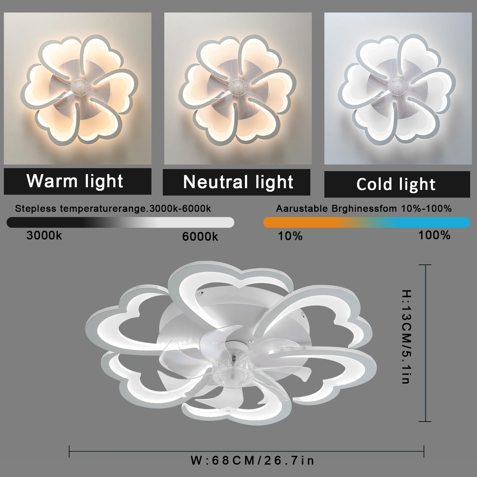 Bloemenplafondlamp Met Ventilator Met Afstandsbediening,Dc 6-Snelheden Plafondventilator Met Verlichting,Led Dimbaar,Stille Geheugenfunctie,Voor Woonkamer,App,Wit