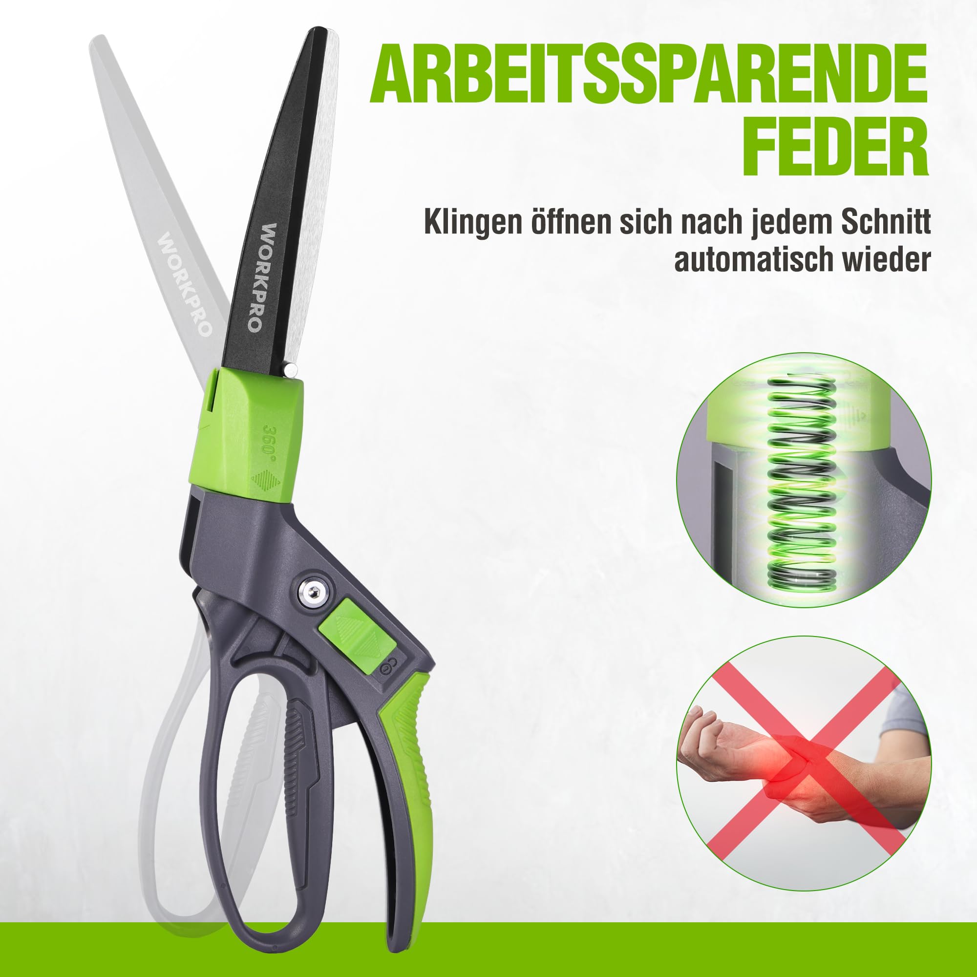 WORKPRO 360° Drehbare Grasschere 350mm, Rasenschere mit Ergonomischem Griff, Sicherheitsverschluss, Beschichtete Klingen für Langlebigkeit und Rostschutz, Ideal für Rasen, Pflanzen und Bonsai