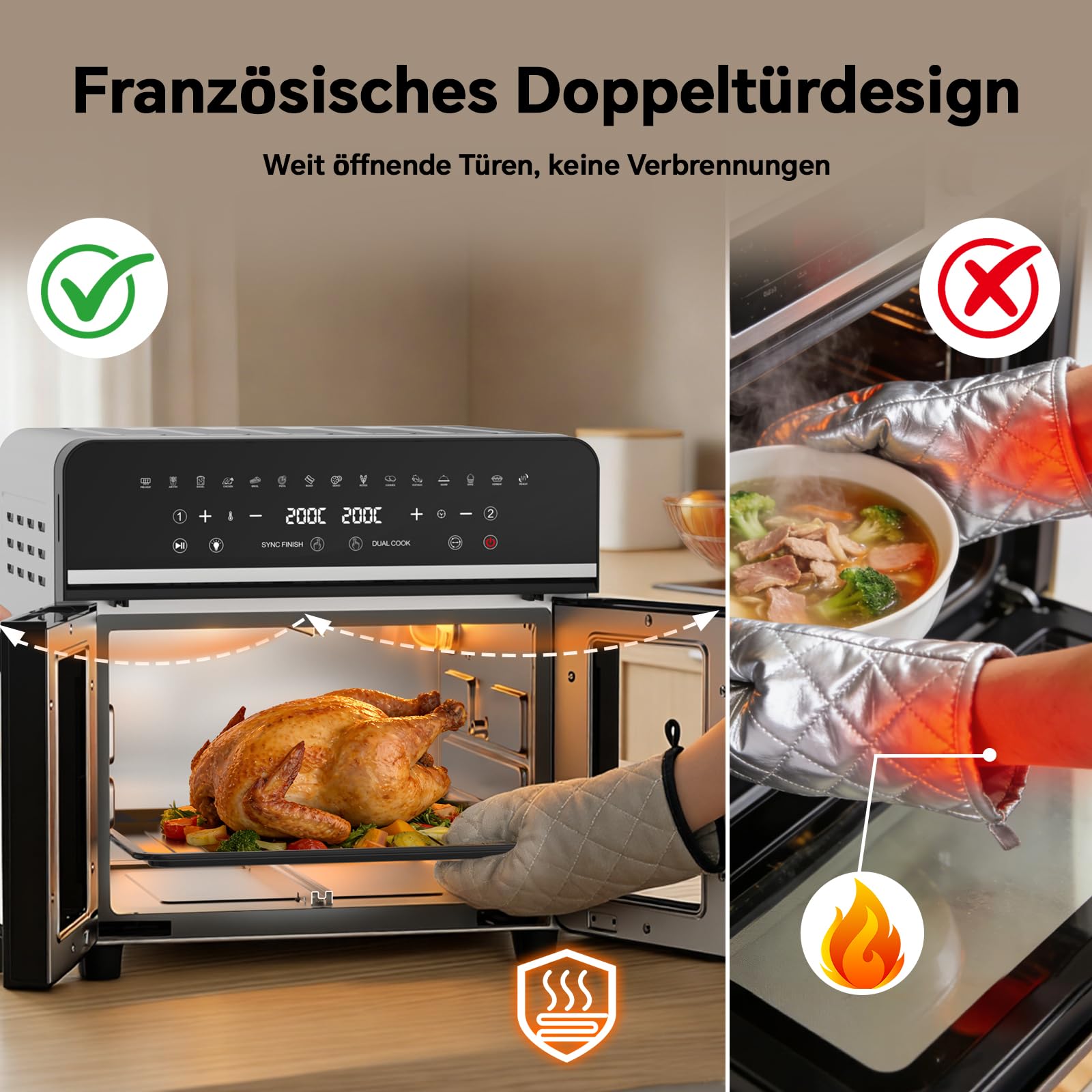 Heißluftfritteuse 23L XXL Mini Backofen mit Französischen Türen, 2600W Air Fryer Dual Zone mit Smart-Touch, Sync Finish, 15 Programme, Inkl. Rezeptbuch & 13 Zubehörteile, Metallgehäuse