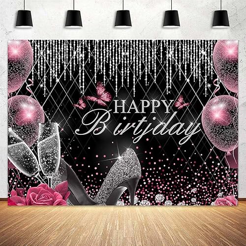 Telón de fondo de feliz cumpleaños para mujer, 7 x 5 pies, color plateado, feliz cumpleaños, niñas, tacones altos, globo con purpurina, color