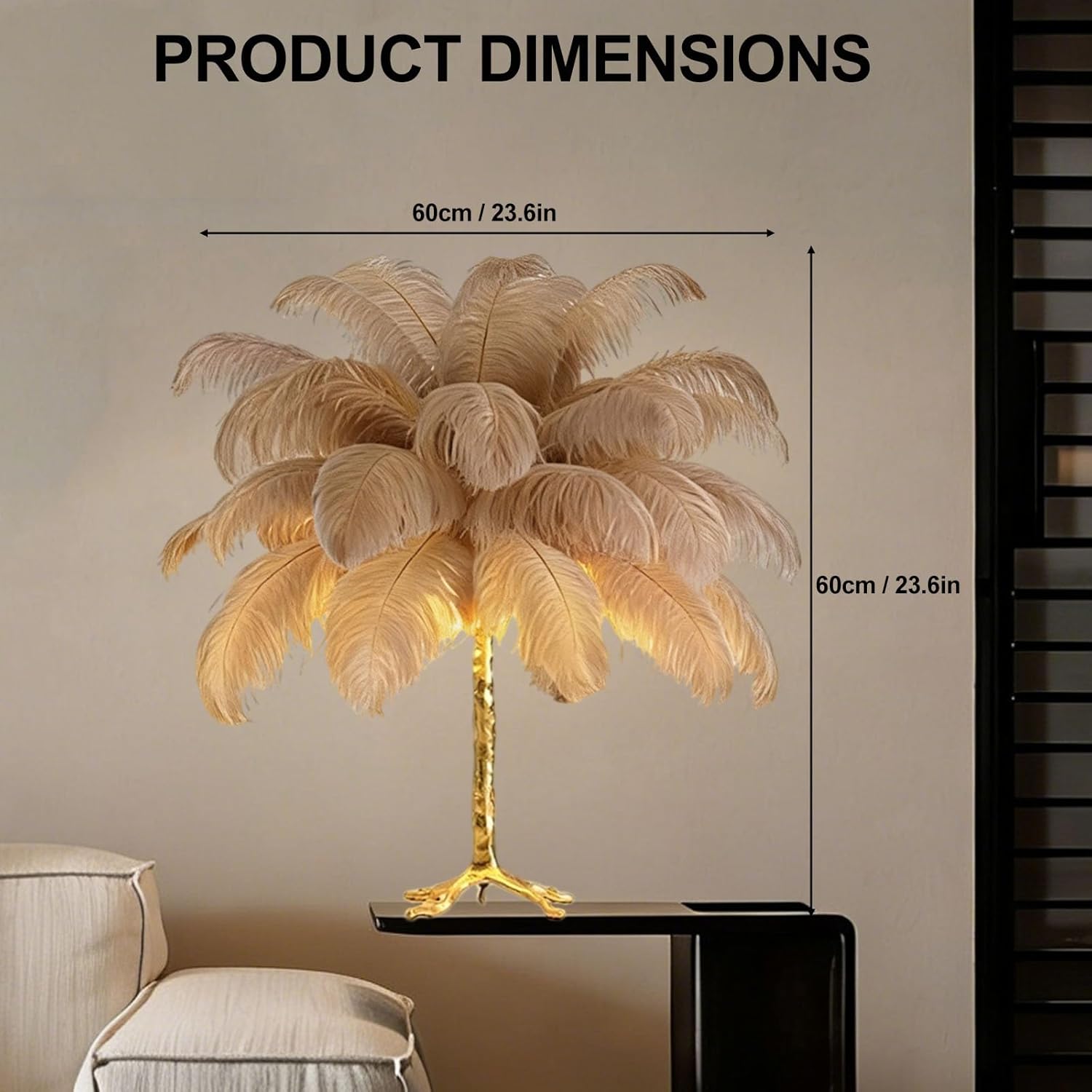 Ostrich Feather Table Lamp, Romantic Feather Lamp with Gold Resin Stand, Ostrich Feathers Modern Bedside Lamp for Bedroom Nightstand Desk Entryway Girl Christmas Gift (Camel-Table Lamp, 23.6in)