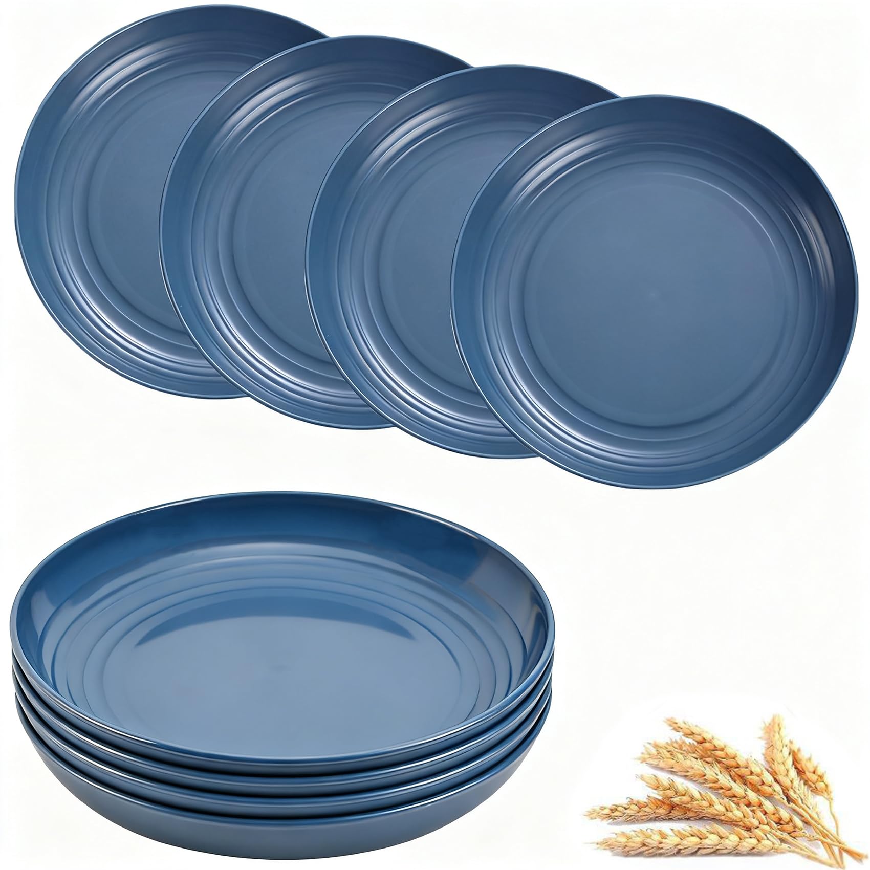 9 Inch Wheat Straw Deep Dinner Plates Set of 4, Reusable Unbreakable Lightweight Plastic Plates, Pasta and Salad Dishes for Camping/Kitchen, Microwave and Dishwasher Safe, BPA-Free (Dark Blue)