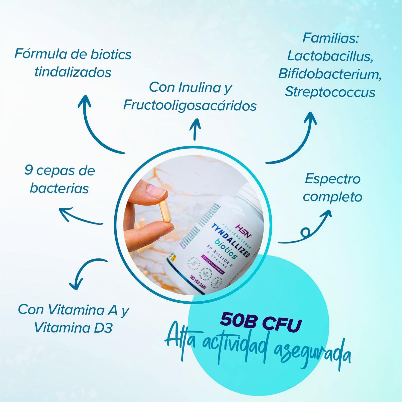 HSN Biotics Fermentos Tindalizados 50B Psicobiótico | 120 Cápsulas Veganas | 9 Cepas (Lactobacillus, Bifidobacterium, Streptococcus) | Prebióticos Inulina y FOS | Vitaminas A y D | Microbiota