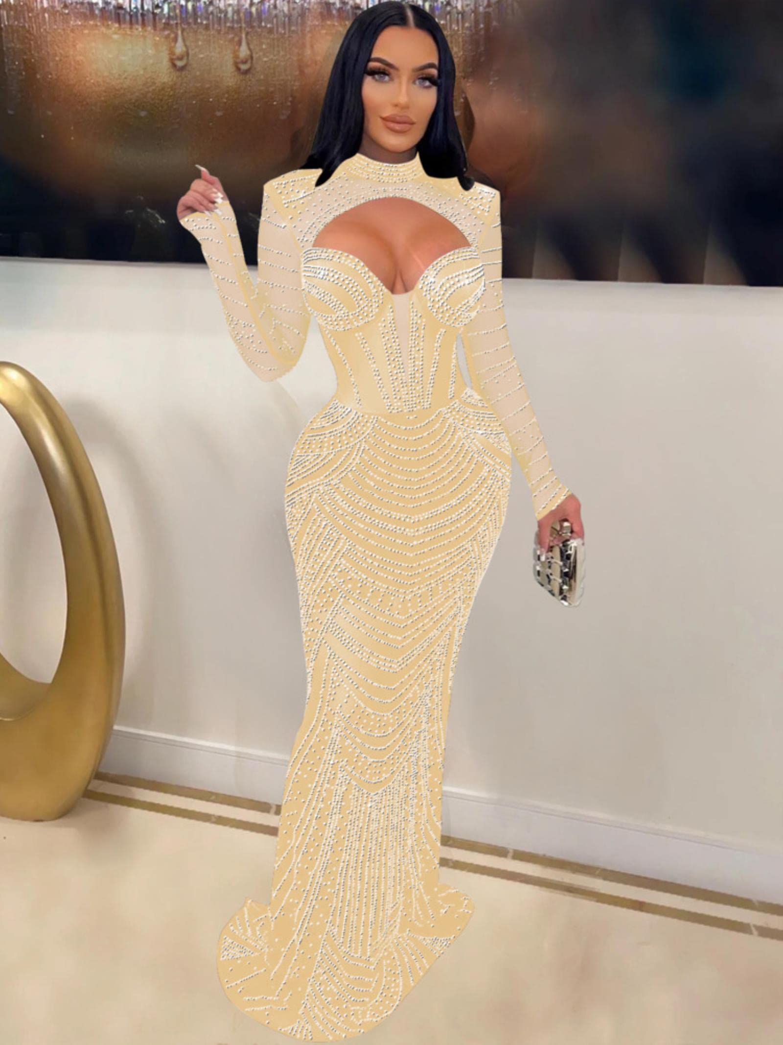 YANGQI Diamond Mesh Hollow Out Party Maxi Dress For Women Gown Autumn New  Elegant Full Sleeve Club Evening Dress-C6170 Red,S : Amazon.co.uk: Fashion