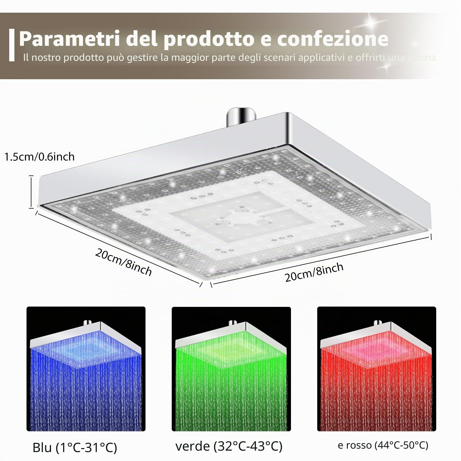 Soffione doccia a pioggia LED da 8 pollici (20 cm), soffione doccia a pioggia con controllo della temperatura a 3 colori, soffione doccia quadrato ad alto flusso per bagno di casa