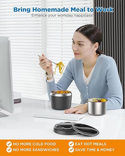 Miniatura 5 de Fiambrera eléctrica calentadora de alimentos  Fiambrera de calentamiento rápido de 105 W con recipientes dobles SS de 27 onzas  Calentador de