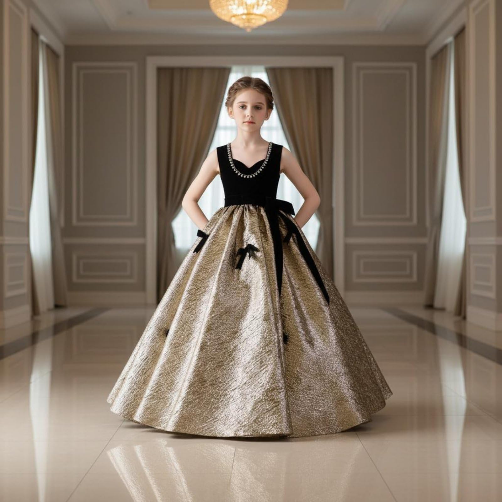 Abito Bambina Abito Cerimonia Vestito Festa Abito Principessa Abito Spettacolo con Linea Ball Gown Gonna Luminosa Nastri in Velluto Collo Decorato con