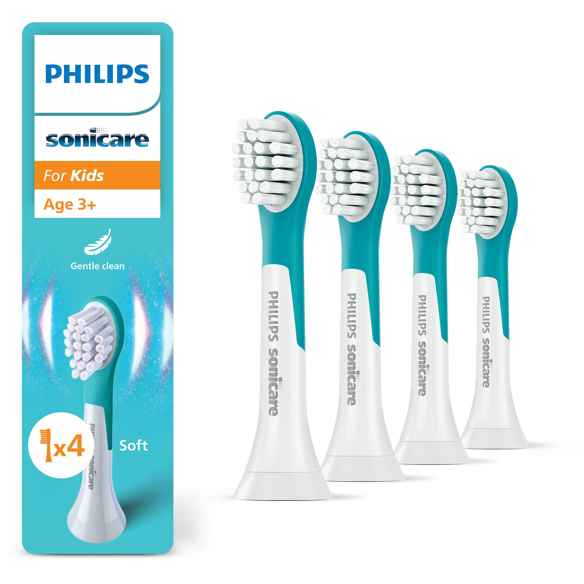 PHILIPS Sonicare for Kids, testine di ricambio originali per i bambini dai 3 anni in su, confezione da 4, HX6034/90, Nuovo, 4 Testine