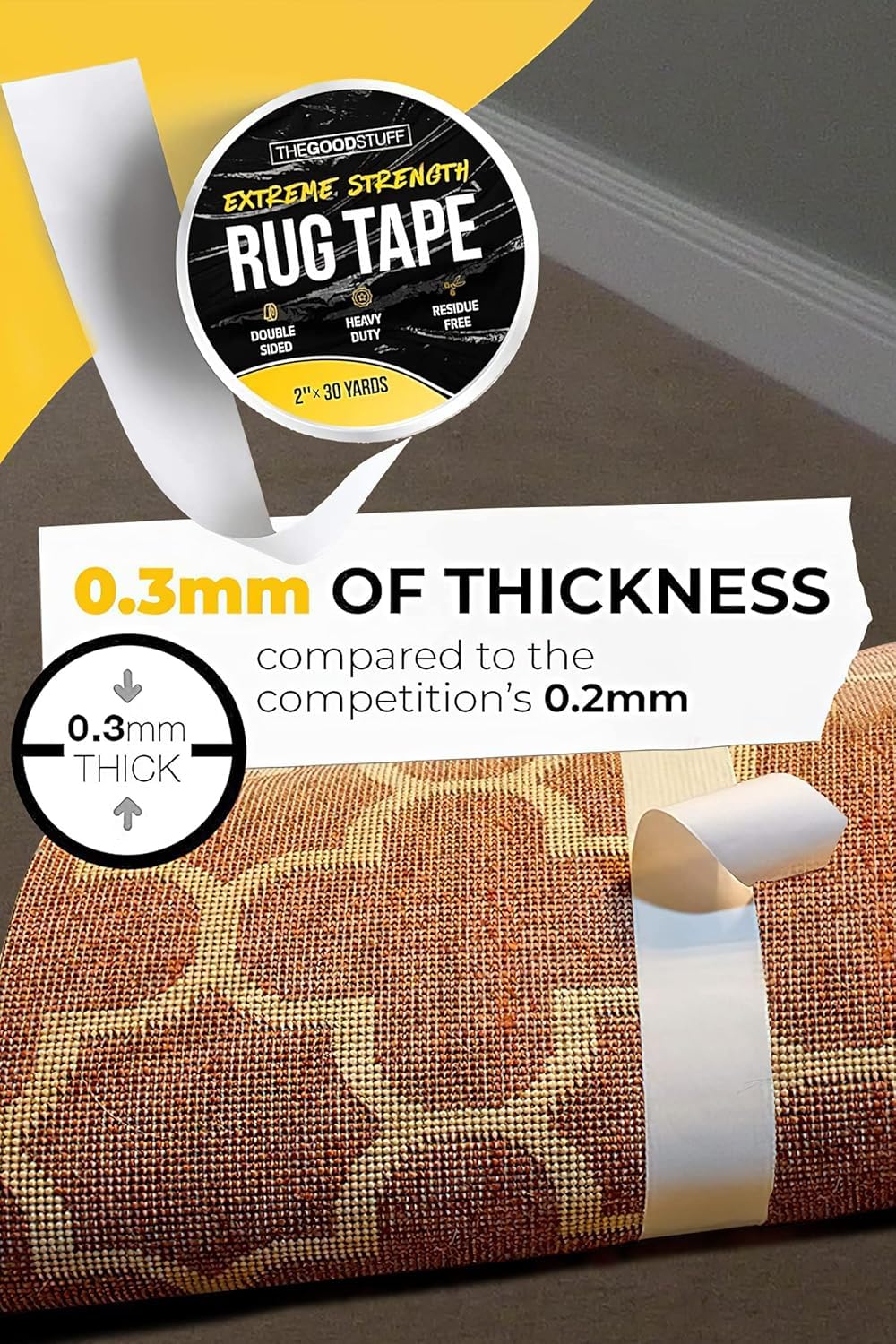 The Good Stuff Doppelseitiges Teppichband, 5,1 cm x 9,1 m, befestigt Teppiche auf Teppichen, Laminaten und Hartholzböden, leicht zu entfernen und wieder zu kleben, ohne Rückstände oder Schäden am