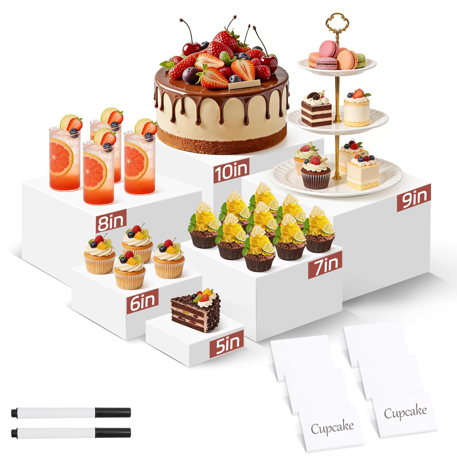 Lot de 14 rehausseurs empilables en acrylique pour buffet, 6 tailles, avec 6 mini panneaux et 2 stylos, présentoir de table avec fond creux pour fêtes, anniversaires et mariages (13 à 26 cm)