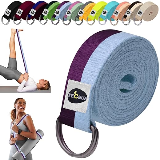 [NEW 2023] TECEUM Yoga Strap – Cotton – 6 ft 8 ft 10 ft (15+ colors) – Adjustable Non-Slip Belt for Daily Yoga Practice, Pilates, Stretching, Physical Therapy, Fitness & Home Workout – For All Levels – Purple Blue